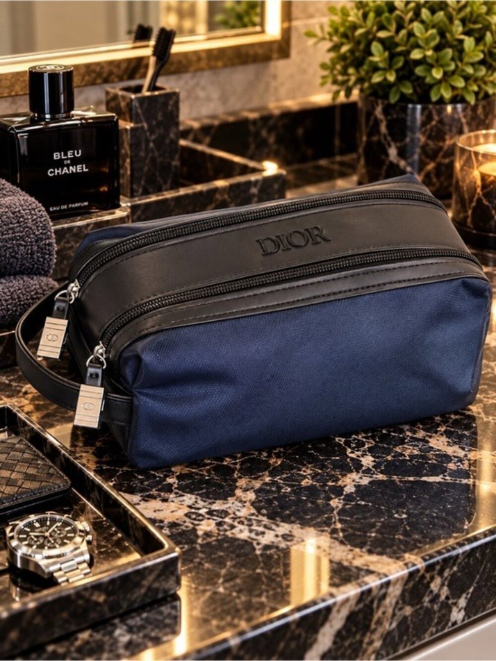 Dior Beauty Navy Black Toiletry Bag Dopp Kit Travel Case Dual Zip New